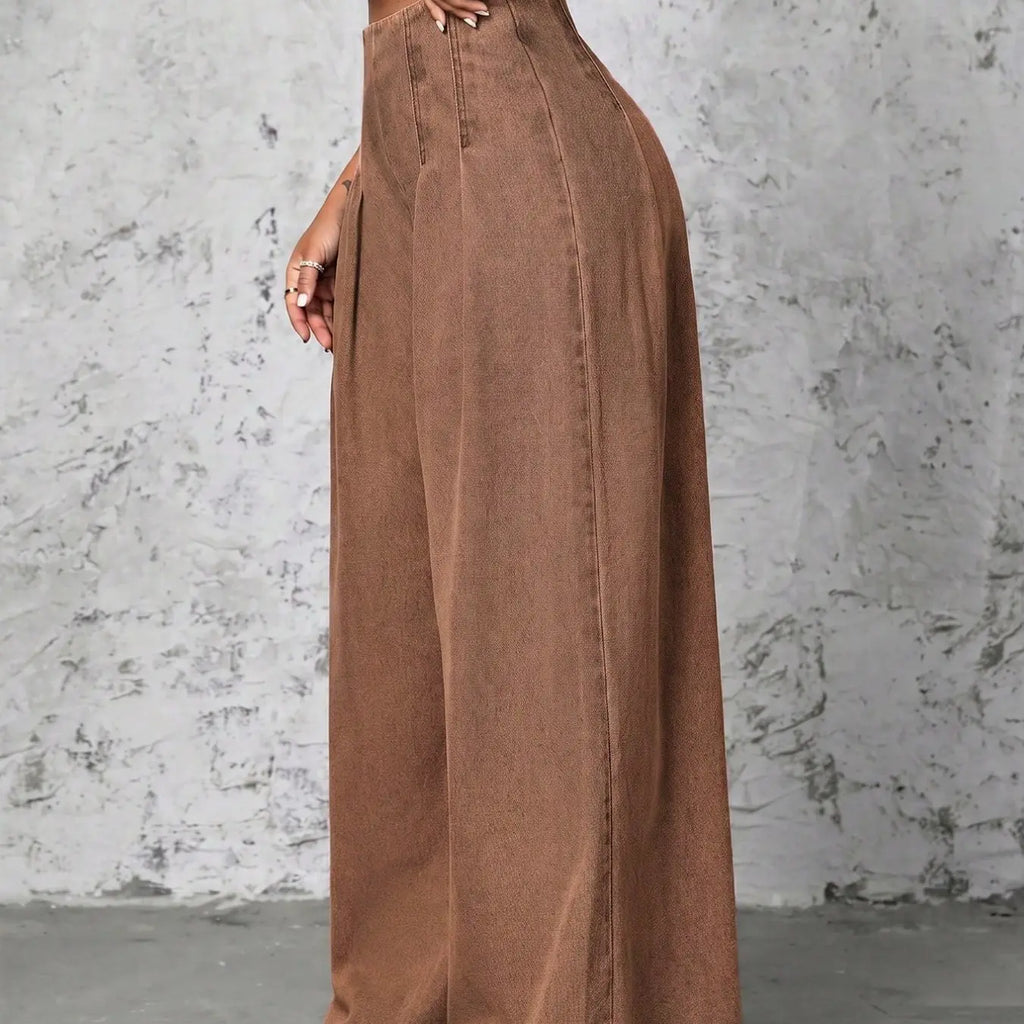 Women High Waist Pleated Front Wide Leg Jeans, Non Stretch Casual Loose Fit Palazzo Denim Trousers, Streetwear Fashion