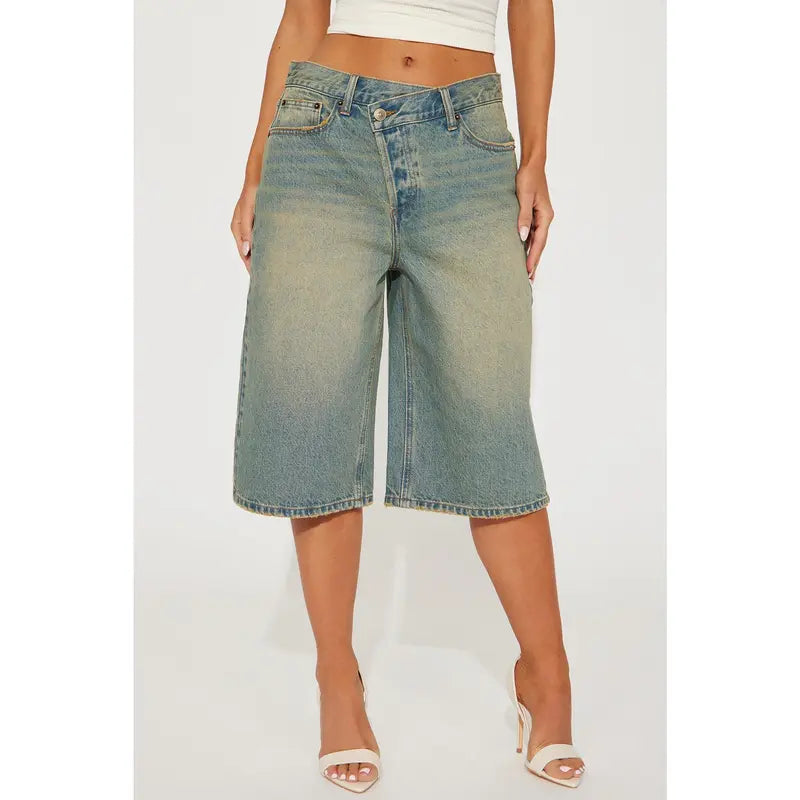 Take Whats Mine Crossover Denim Jorts - Vintage Wash
