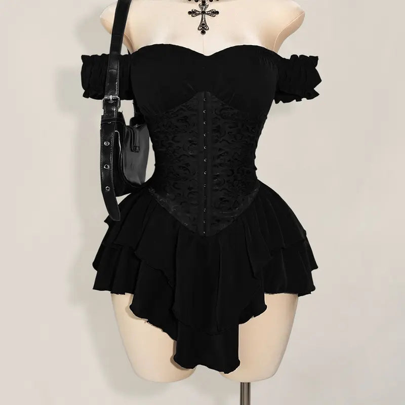 Women's Halloween Gothic Off-Shoulder Chiffon A-Line Mini Dress Costume, Ruched Jacquard Waist, Ruffle Trim, Dark Romantic Spooky Party Outfit