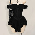 Women's Halloween Gothic Off-Shoulder Chiffon A-Line Mini Dress Costume, Ruched Jacquard Waist, Ruffle Trim, Dark Romantic Spooky Party Outfit