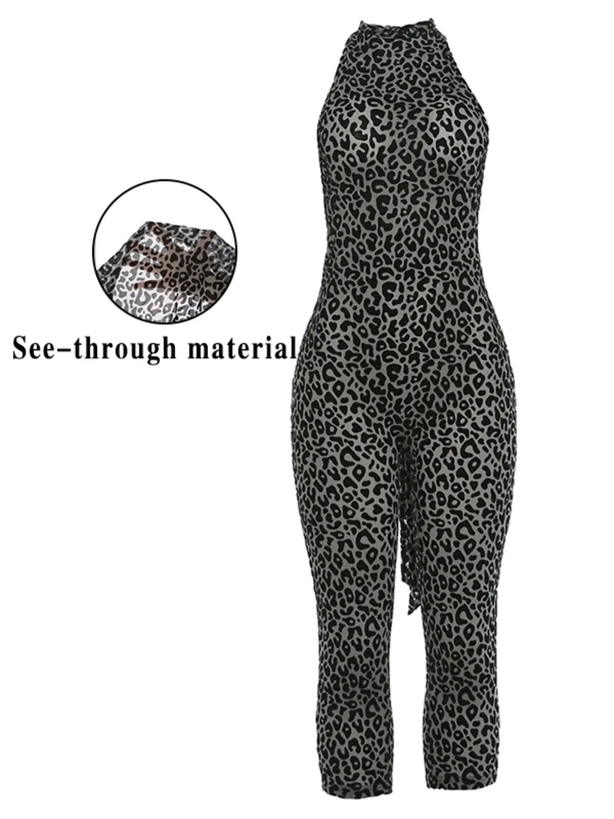 Women's Sexy Mesh Leopard Print Halter Neck Backless Cropped Jumpsuit, Sleeveless High Waist Bodycon Jumpsuit, Fashionable Summer Womenswear Clothing