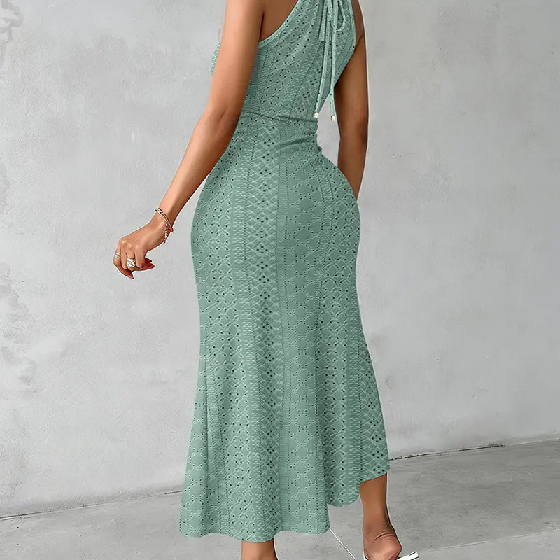 CHICME Women's Halter Hollow-out A Line Sleeveless Front Slit Ruched Maxi Wedding Guest Dress Vacation Dress