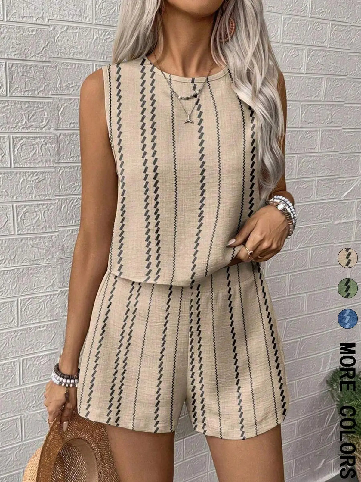 Women's Striped Two-Piece Set, Sleeveless Round Neck Crop Tank Top and Shorts, Ladies Clothes for Daily Casual Wear, Summer Matching Set