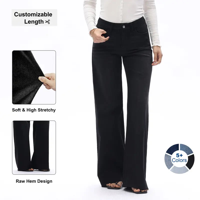 Freya ONESO Women Mid Rise High Stretchy BBL Jeans Butt Lifting Wide Leg Raw Hem Denim Pants Tummy Control Spring Basic Minimalist Woman Denim Bottom Comfortable Denim Jeans OSW8019 Plus Size Regular Size Fashion Daily Outfits DIY Inseams #SummerVibes