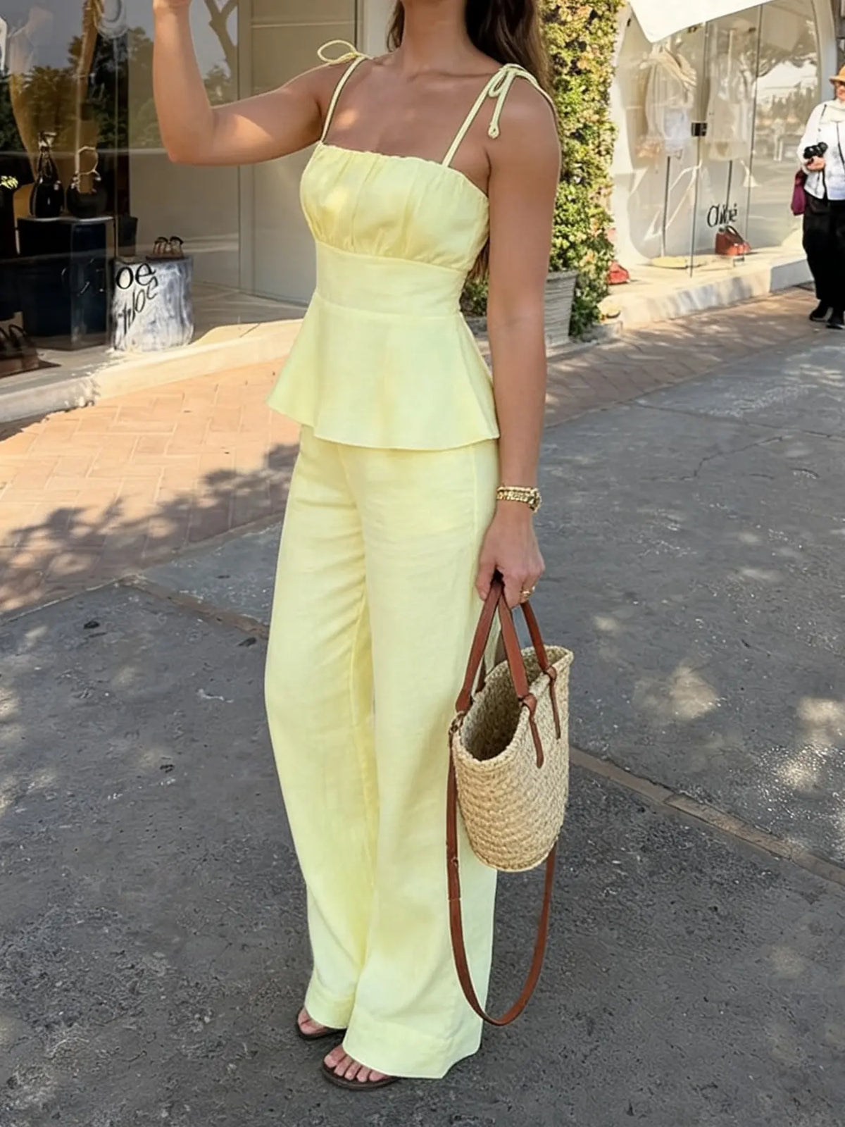 Solid Color Casual Simple Ruffled Cami Top & Wide-Leg Pants Two-Piece Set Outfit, High-Waisted Sleeveless Fitted H-Line Lightweight Lady Womenswear
