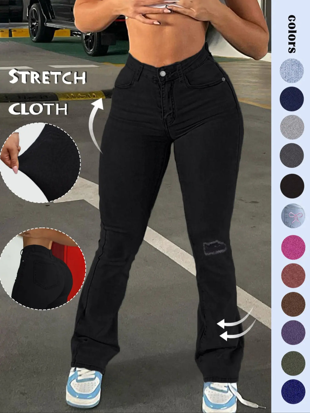 GILIPUR Y2K Women's Plain Ripped Bootcut Flared Fit Jeans, Casual High Waist Pocket Button Fly Bell Bottom Denim High Rise Pants for Daily Outdoor Wear, Medium Stretch Cotton Fabric, Flare Leg Jeans for All Seasons, Streetwear