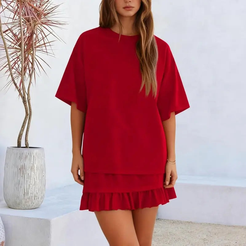 Yousify Women's 2-Piece Set, Casual Half-Sleeve Crew Neck Top & Basic Mini Skirt, Coordinated Summer Vacation Matching Sets for Women, Fashion Apparel
