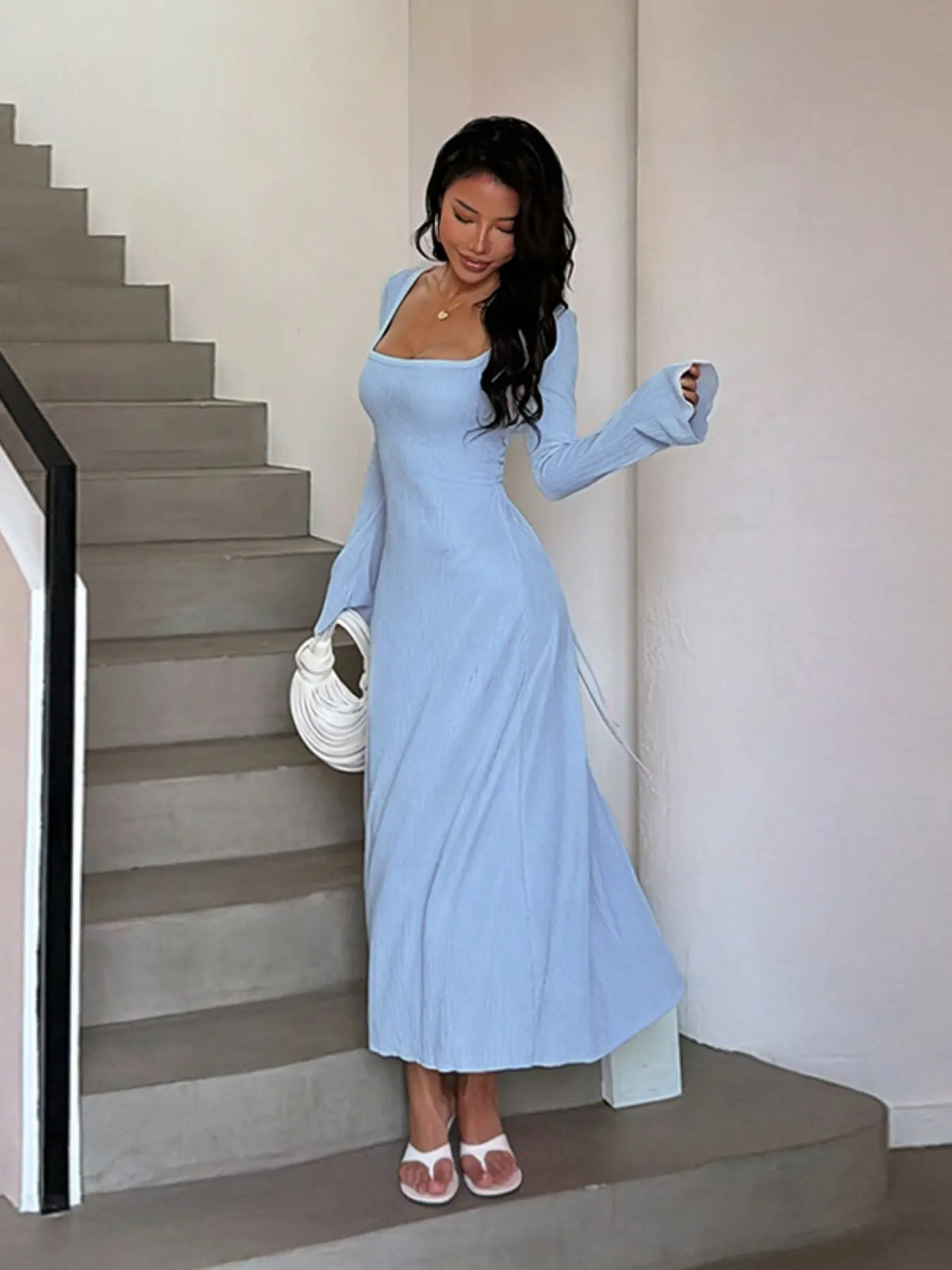 Women's Plain Lace Up Tie Back Flounce Sleeve Dress, 1 Count Chic Elegant Aesthetic Fit Square Neck Long Sleeve A Line Formal Wear Wedding Outfit Dress for Party Holiday Wedding Guest, Ladies Spring&Fall Clothes