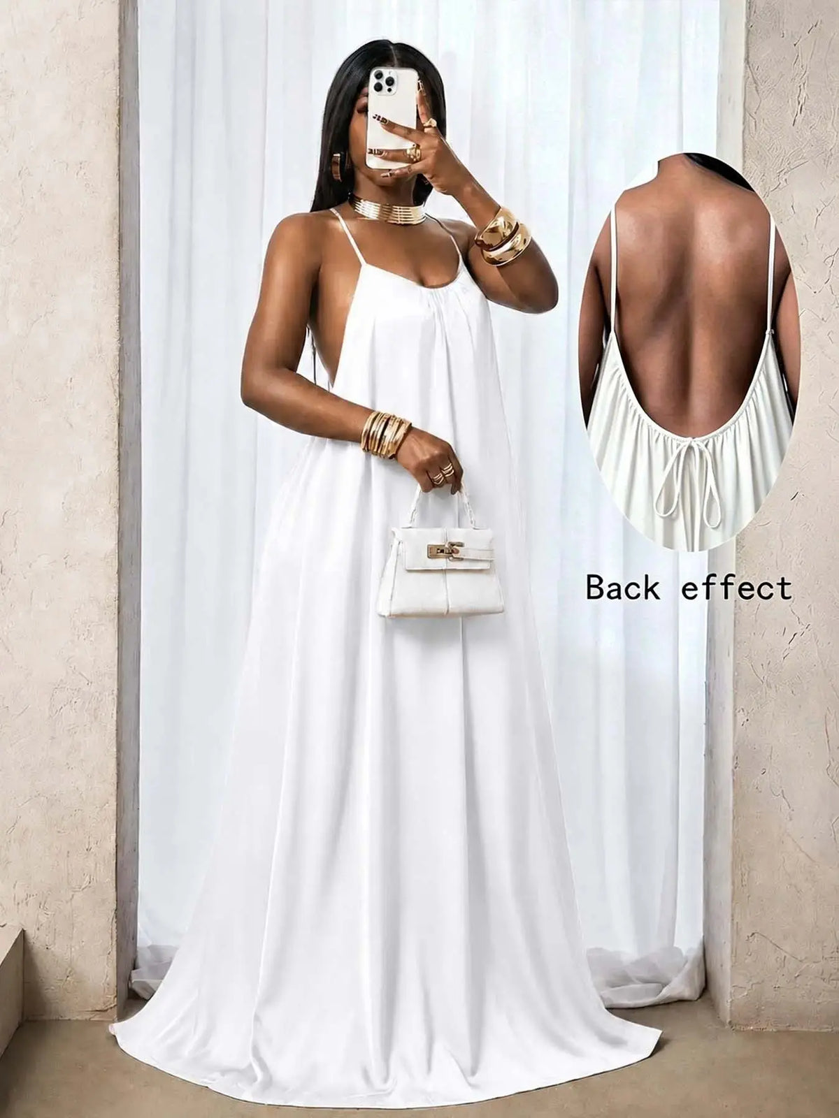 Women's Plain Ruched Pleated Backless Dress, Long Bohemian Style Fitted Sleeveless Party Gown for Spring & Fall, Elegant Casual Design, Perfect for Everyday Wear, Elegance, Basic