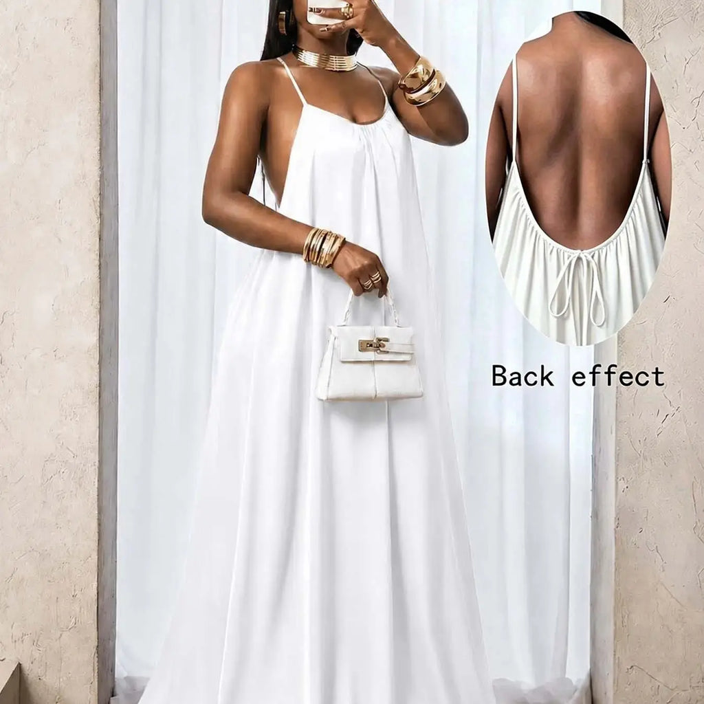 Women's Plain Ruched Pleated Backless Dress, Long Bohemian Style Fitted Sleeveless Party Gown for Spring & Fall, Elegant Casual Design, Perfect for Everyday Wear, Elegance, Basic