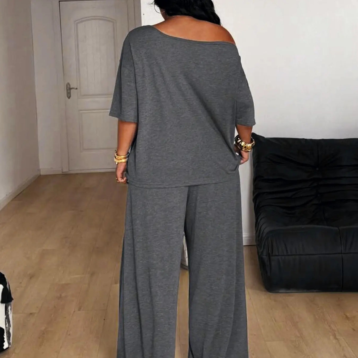 Plus Size Women's Casual Baggy Fit Tee & Pants Set, Comfortable Fabric, Asymmetrical Neckline Top & Wide-Leg Pants, Ideal for Daily Wear & Outdoor Activities, Everyday