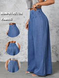 Women High Waist Pleated Front Wide Leg Jeans, Non Stretch Casual Loose Fit Palazzo Denim Trousers, Streetwear Fashion
