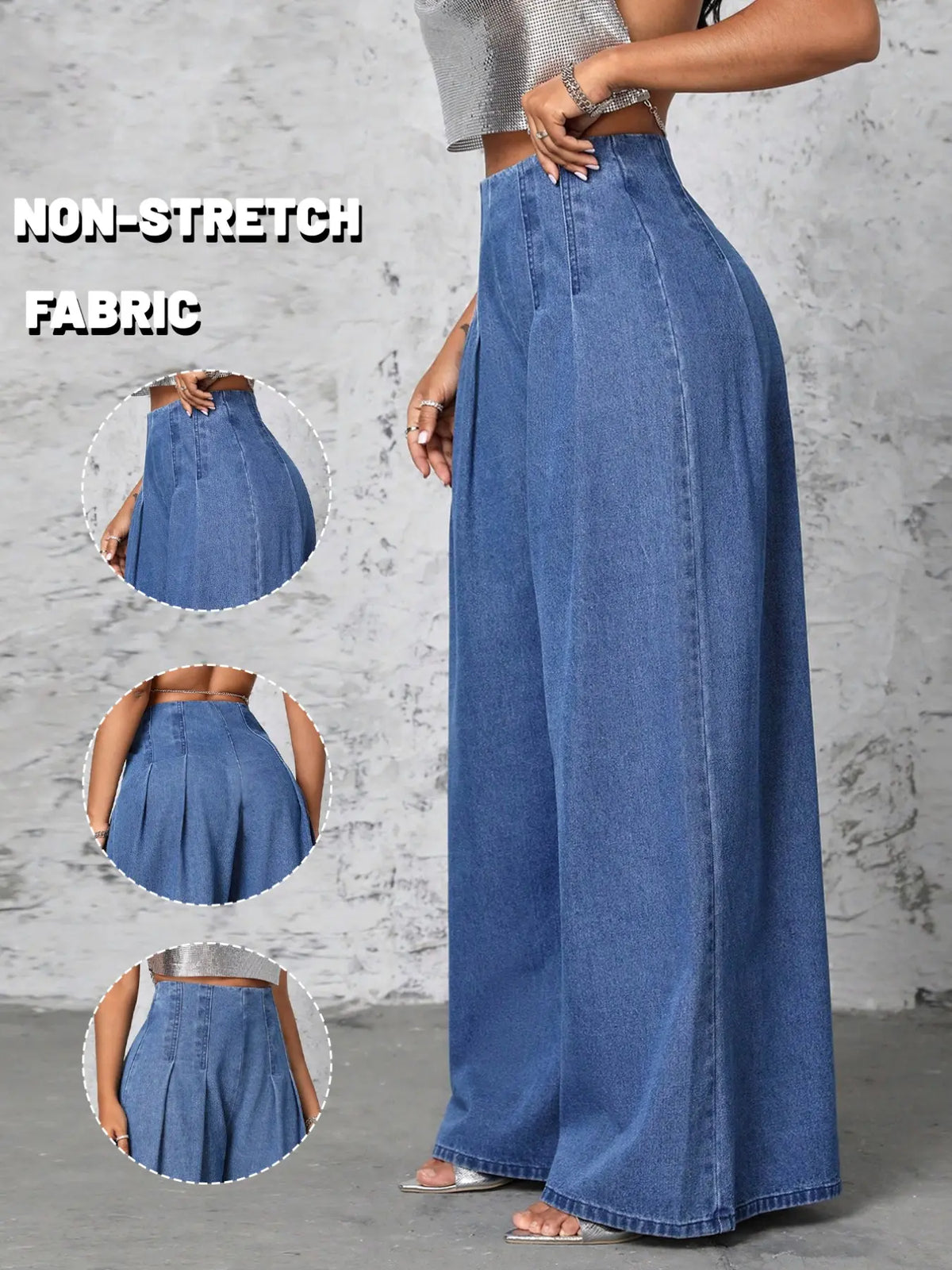 Women High Waist Pleated Front Wide Leg Jeans, Non Stretch Casual Loose Fit Palazzo Denim Trousers, Streetwear Fashion