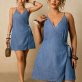 Plus Size Thin Strap Side Tie Denim Mini Dress, Ideal For Casual Wear Summer, Sleeveless Casual Sundress