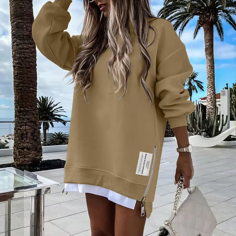 CHICME 2026 Women's Oversized Fall Long Sleeve Pullover Sweatshirt Zipper Slit Casual Dress Drop Shoulder Outfits, Dresses For Women, Women's Clothes