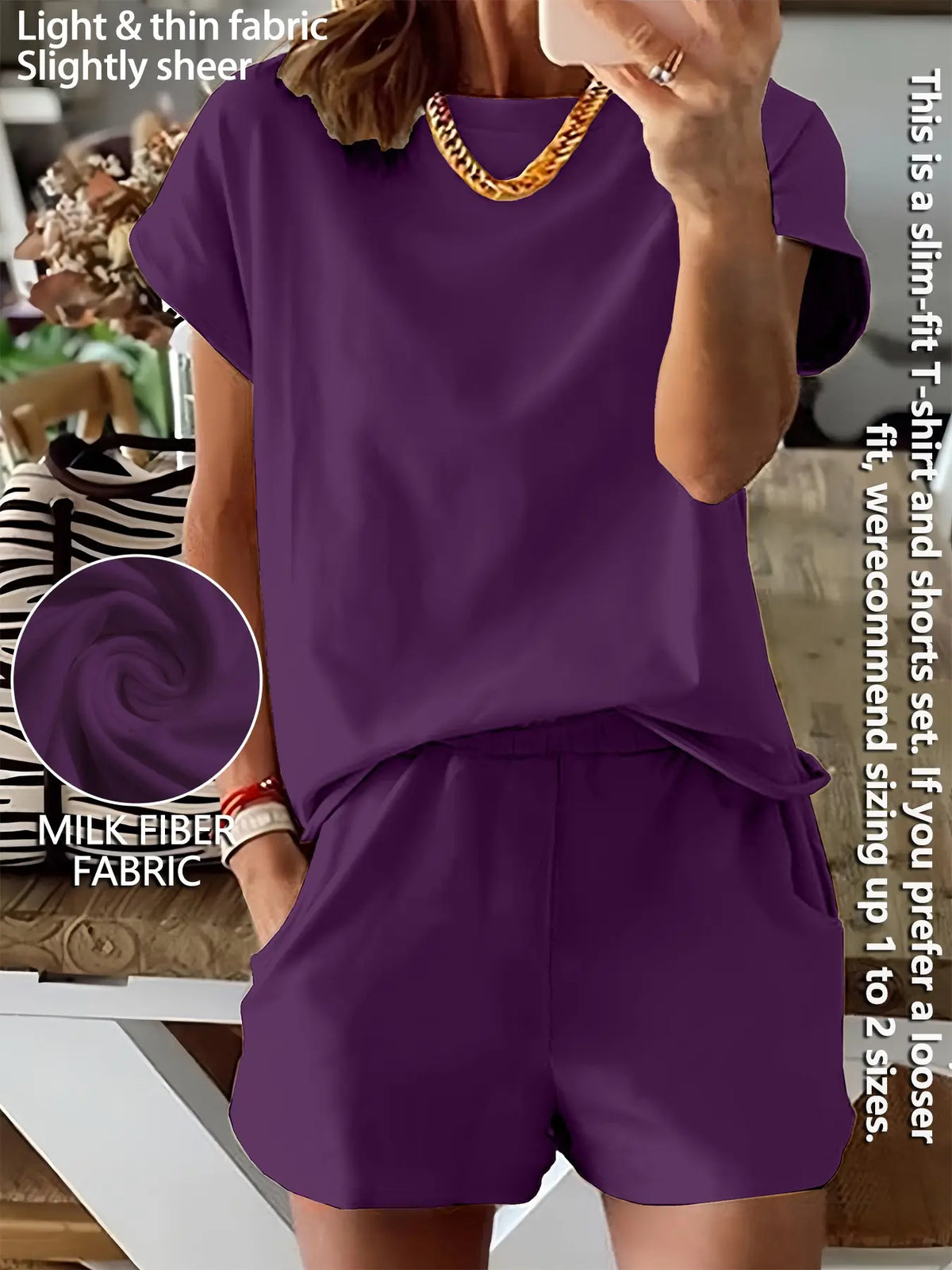 Women's Summer Short Sleeve Plain Basic Fitted Set Outfit Suits Womenswear Style, Slim-Fit Natural Waist Design Shorts & Tops, Perfect for Casual Wear