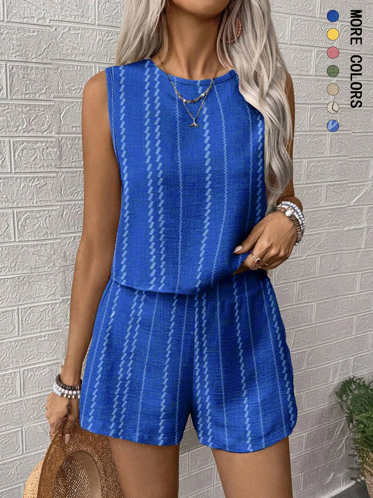 Women's Striped Two-Piece Set, Sleeveless Round Neck Crop Tank Top and Shorts, Ladies Clothes for Daily Casual Wear, Summer Matching Set