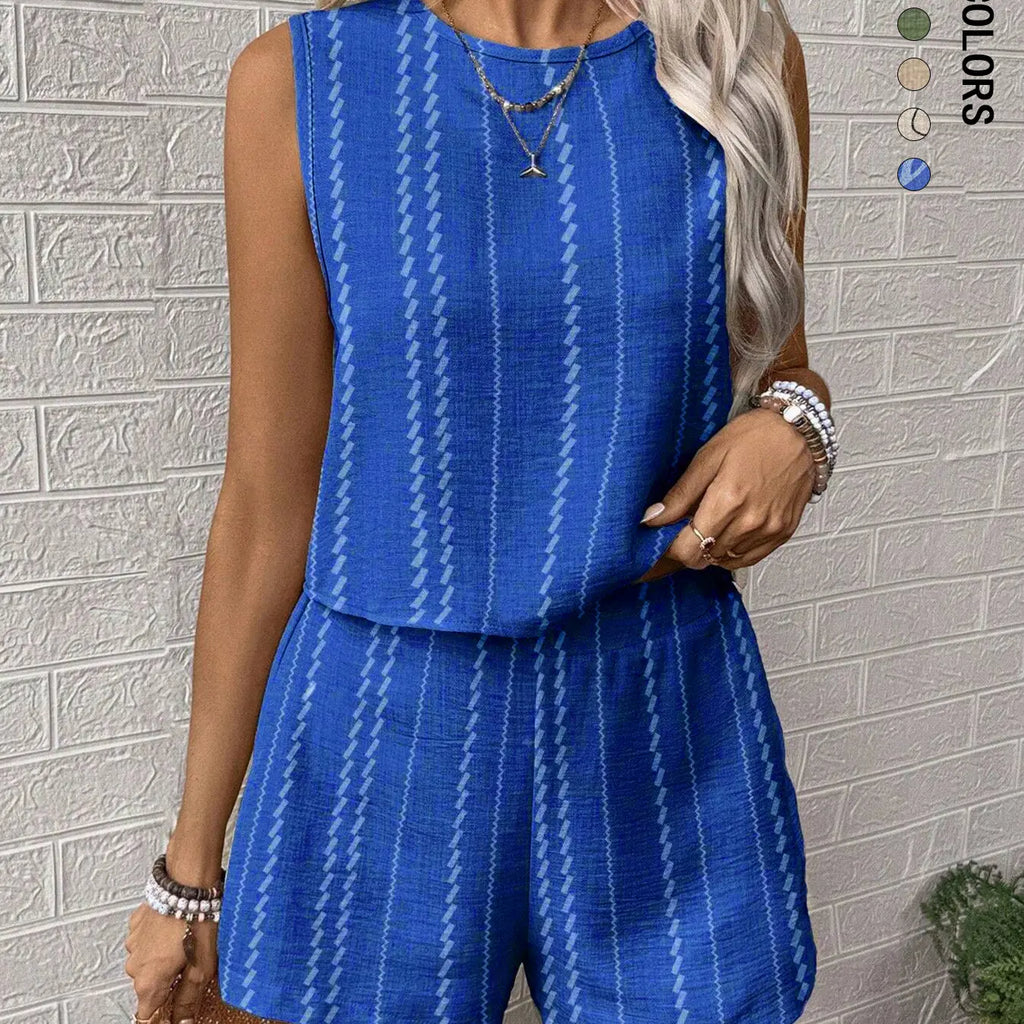 Women's Striped Two-Piece Set, Sleeveless Round Neck Crop Tank Top and Shorts, Ladies Clothes for Daily Casual Wear, Summer Matching Set