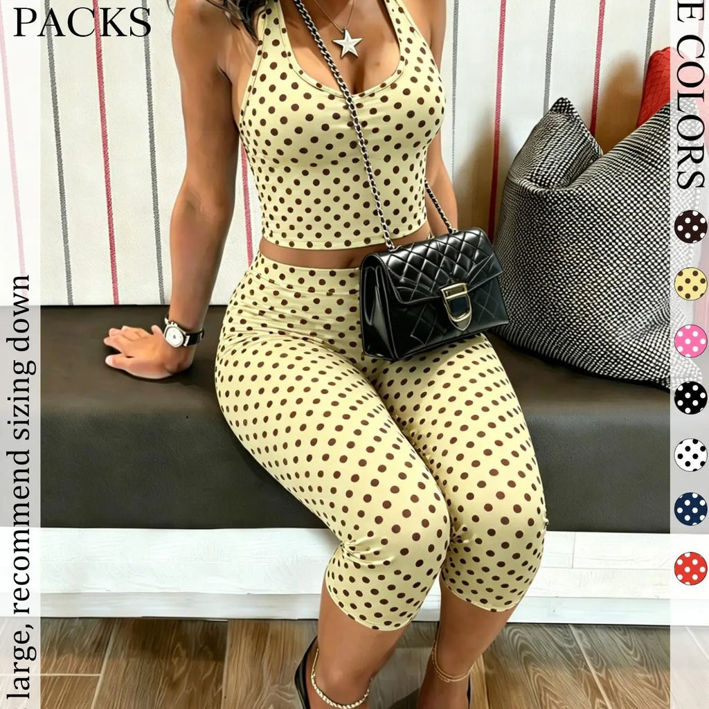 2 Packs Women Polka Dot 2 Piece Outfit, Casual Chic Set, Halter Crop Top & High Waist Capri Leggings Set, Bohemian Slim Fit Loungewear Tracksuit for Streetwear Summer
