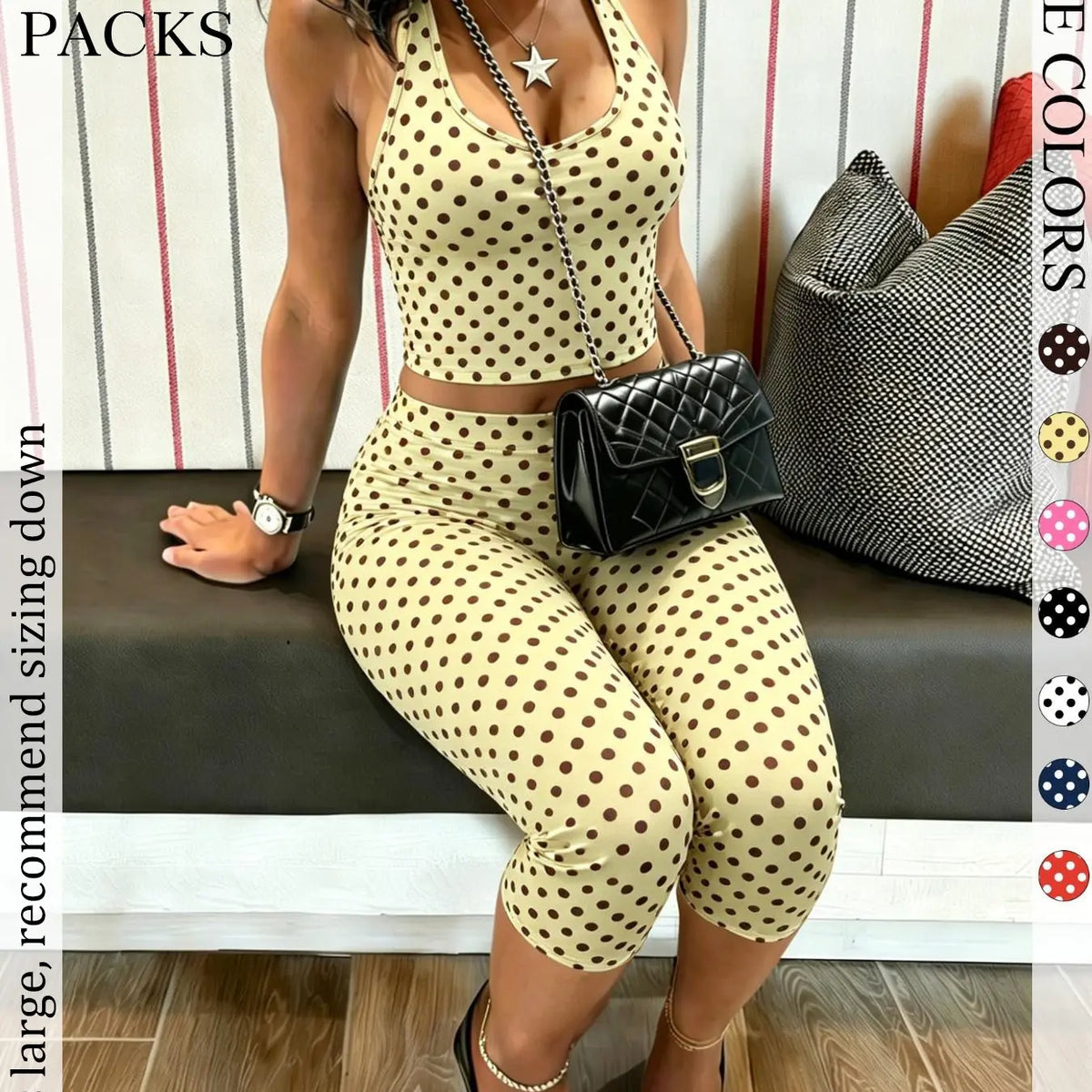 2 Packs Women Polka Dot 2 Piece Outfit, Casual Chic Set, Halter Crop Top & High Waist Capri Leggings Set, Bohemian Slim Fit Loungewear Tracksuit for Streetwear Summer