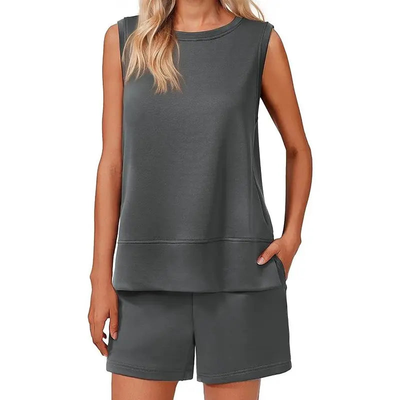 PINSPARK Women's 2-Piece Sleeveless Crewneck Lounge Set - High Waist Drawstring Shorts, High-Low Hem Tops, Machine Washable, Mix & Match, Sports & Outdoor Casual Outfits, Travel Essentials, Women's Clothes
