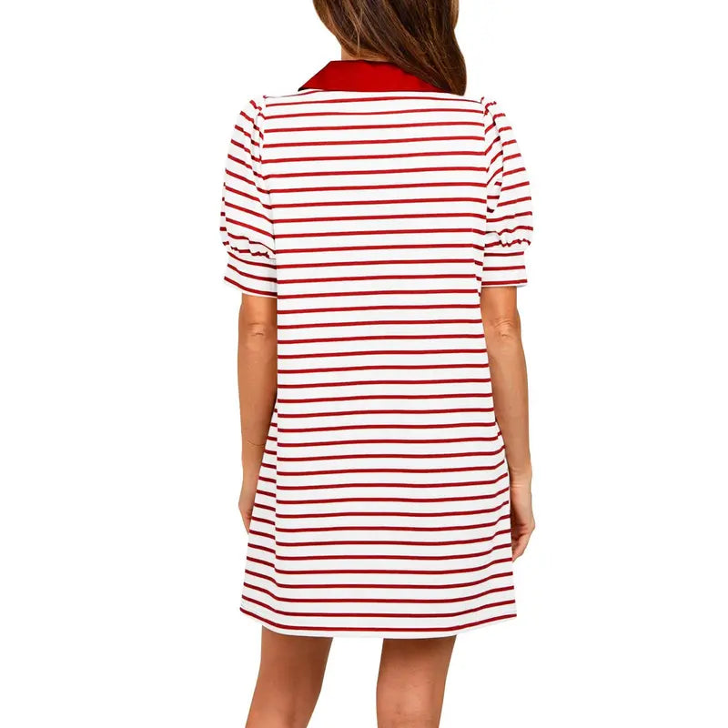Imily Bela Women's Summer Lapel Collared V Neck Striped Dress Casual Puff Short Sleeve Polo Tshirt Dresses with Pockets