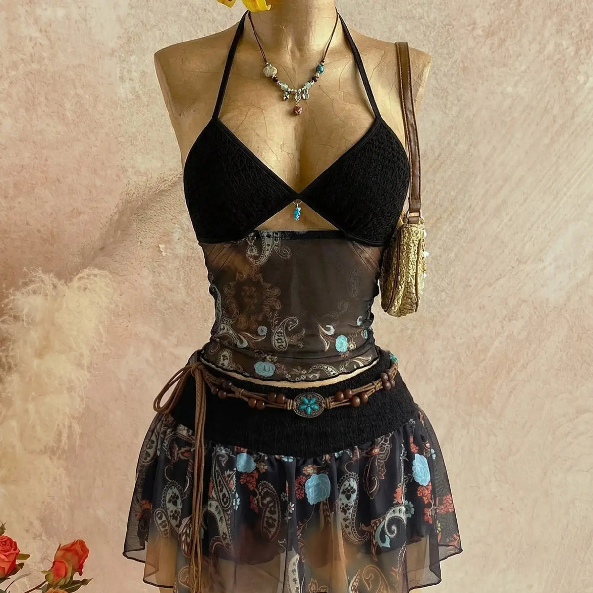 Women's Retro Vintage Paisley Print Crochet Two-Piece Set, Bohemian Boho Halter Crop Top & Ruffled Midi Skirt with Mesh Detail, Y2K Ethnic Style, for Casual, Vacation & Date, Spring/Summer/Fall