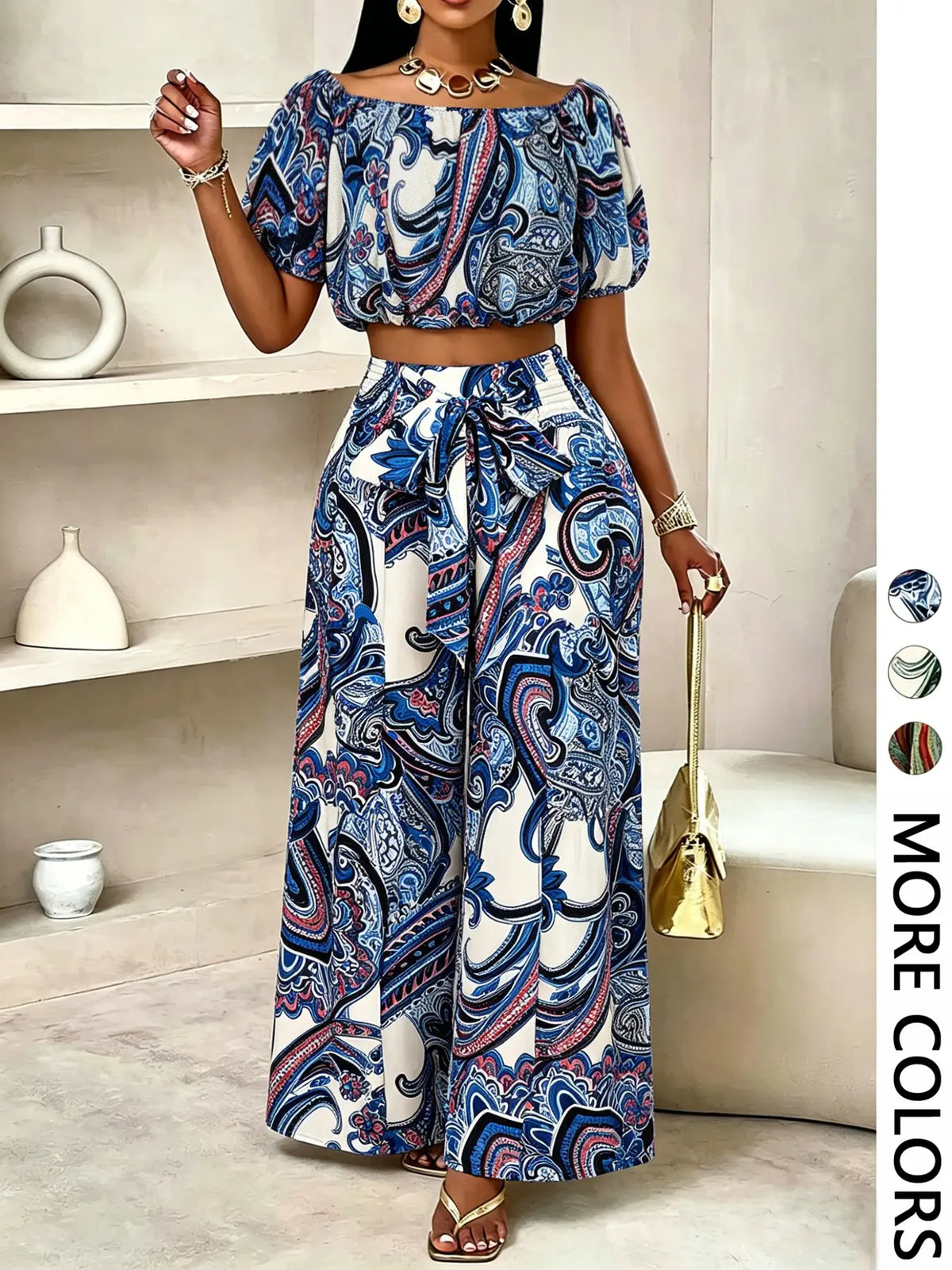 Summer Beach Vacation Bow Shoulderless Round Neck Shirt Wide Leg Pants Set, Casual Loose-Fitting, Women's Fashion, Womenswear