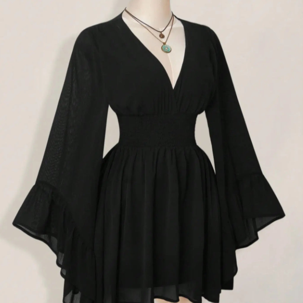 Women's Gothic Style V Neck Waist Cinched Dress, Elegant Long Sleeve Mini Dress, Autumn/winter Lantern Sleeve Dress, Gothic Look #GLOBAL PICKS