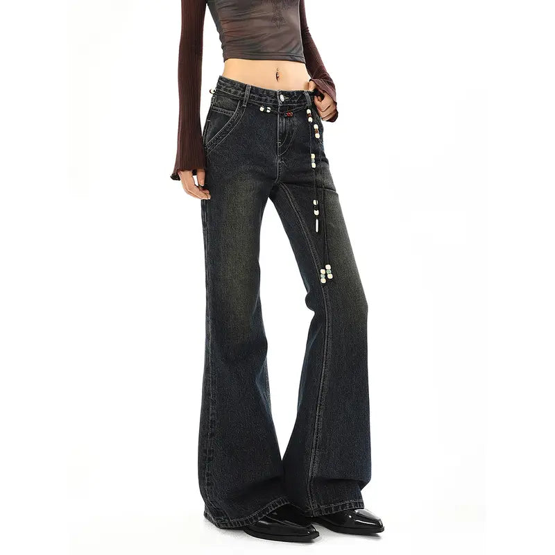 EMMIOL Women Mid Low Rise Bell Bottom Jeans Stretchy Flare Denim Pants Embroidery Vintage Y2K 90s Streetwear SohoChic【Back to School】
