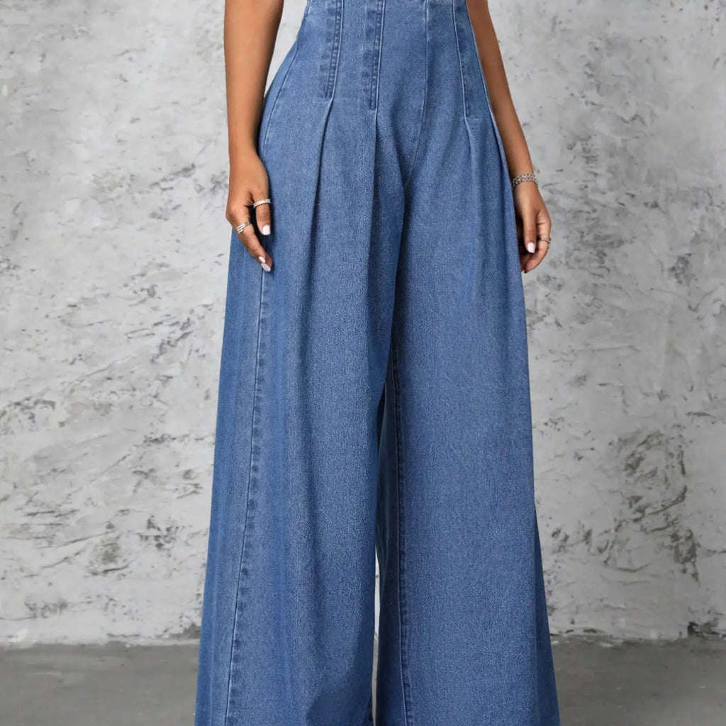 Women High Waist Pleated Front Wide Leg Jeans, Non Stretch Casual Loose Fit Palazzo Denim Trousers, Streetwear Fashion