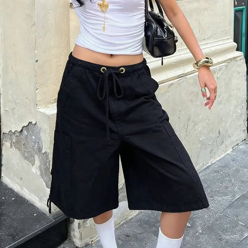 Women Fashion Denim Shorts Solid Color Six Pockets Drawstring Elastic Waist Jeans Shorts Summer Oversized Cargo Shorts