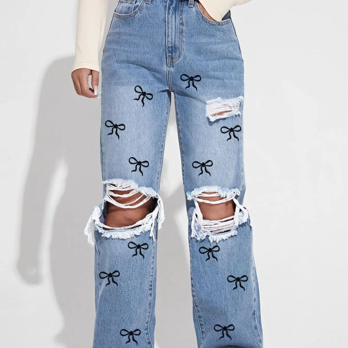Women's Plain Ripped Jeans, Casual Comfy Pocket Design Frayed Edge Design High Waist Loose Fit Oversized Jeans for Daily Wear, Ladies Bottoms for All Seasons, Baggy Pants, Everyday