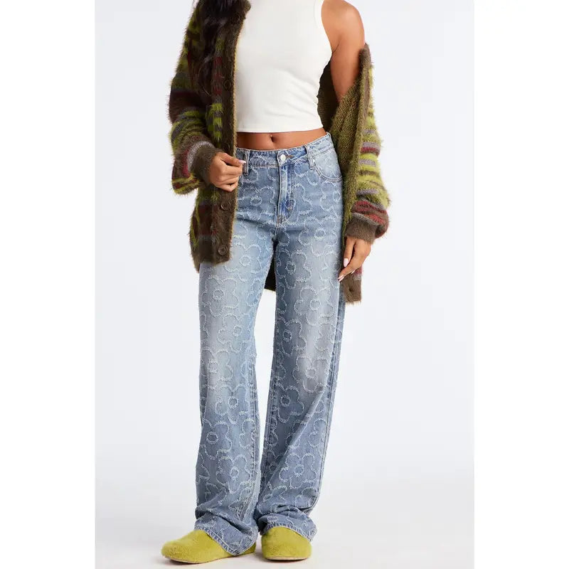 Tall Flower Power Jacquard Wide Leg Jeans - Medium Wash