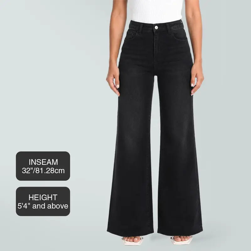 Joy BlueMoment Stretchy BBL Jeans High Waist Wide Leg Denim Pants Raw Hem Tummy Control Butt Lifting Jeans with Pockets Baggy Curve Hugging Fall Fashion 8101
