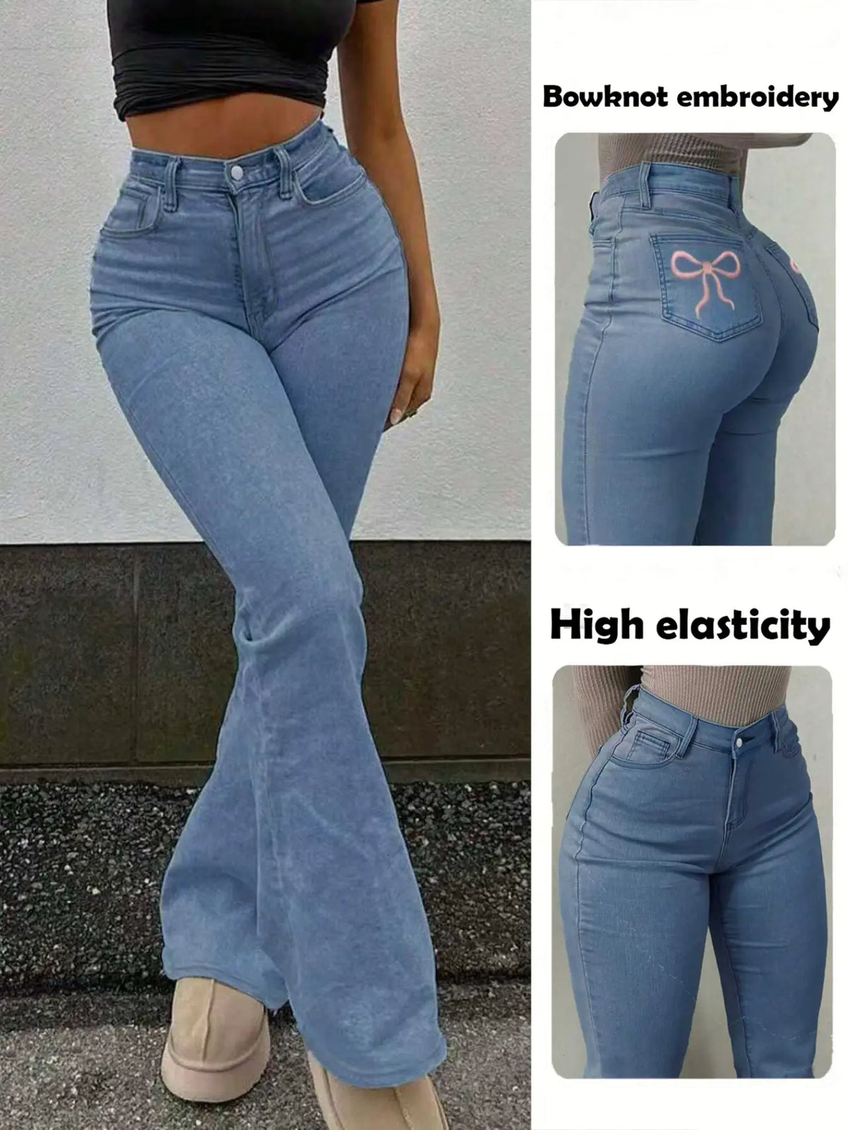 Casual Butterfly Knot Embroidery Women's Light Wash Denim Elastic Bell Bottom Flare Pants, Comfortable and Stylish Long Jeans for Everyday Wear