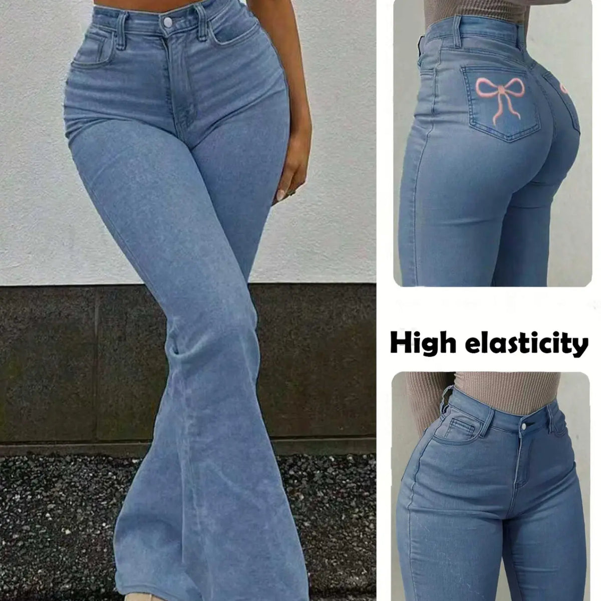 Casual Butterfly Knot Embroidery Women's Light Wash Denim Elastic Bell Bottom Flare Pants, Comfortable and Stylish Long Jeans for Everyday Wear