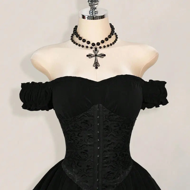 Women's Halloween Gothic Off-Shoulder Chiffon A-Line Mini Dress Costume, Ruched Jacquard Waist, Ruffle Trim, Dark Romantic Spooky Party Outfit