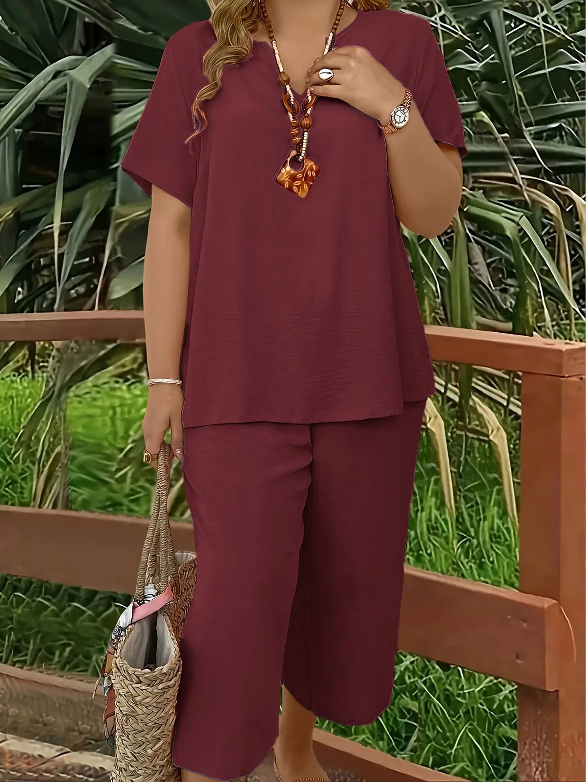Plus Size Elegant Minimalist Women's Solid Color Short Sleeve Fashion Top & Casual Wide Leg Pants Set for Summer, Lounge Pants Set, Everyday Comfortable & Stylish, Lady Womenswear, Style, Fit, Clothes, Fashion Clothing Set