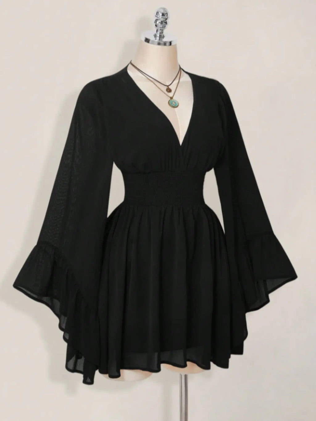 Women's Gothic Style V Neck Waist Cinched Dress, Elegant Long Sleeve Mini Dress, Autumn/winter Lantern Sleeve Dress, Gothic Look #GLOBAL PICKS