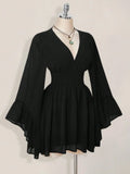 Women's Gothic Style V Neck Waist Cinched Dress, Elegant Long Sleeve Mini Dress, Autumn/winter Lantern Sleeve Dress, Gothic Look #GLOBAL PICKS