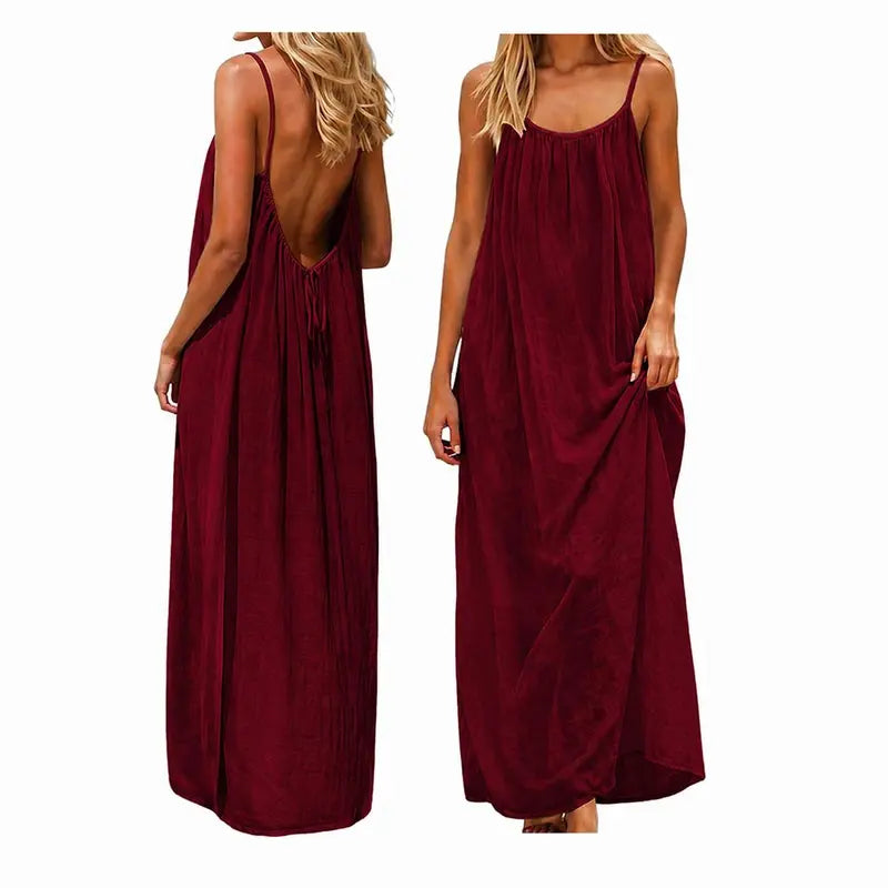Women’s Backless Maxi Dress Spaghetti Strap Loose Flowy Summer Beach Vacation Dress