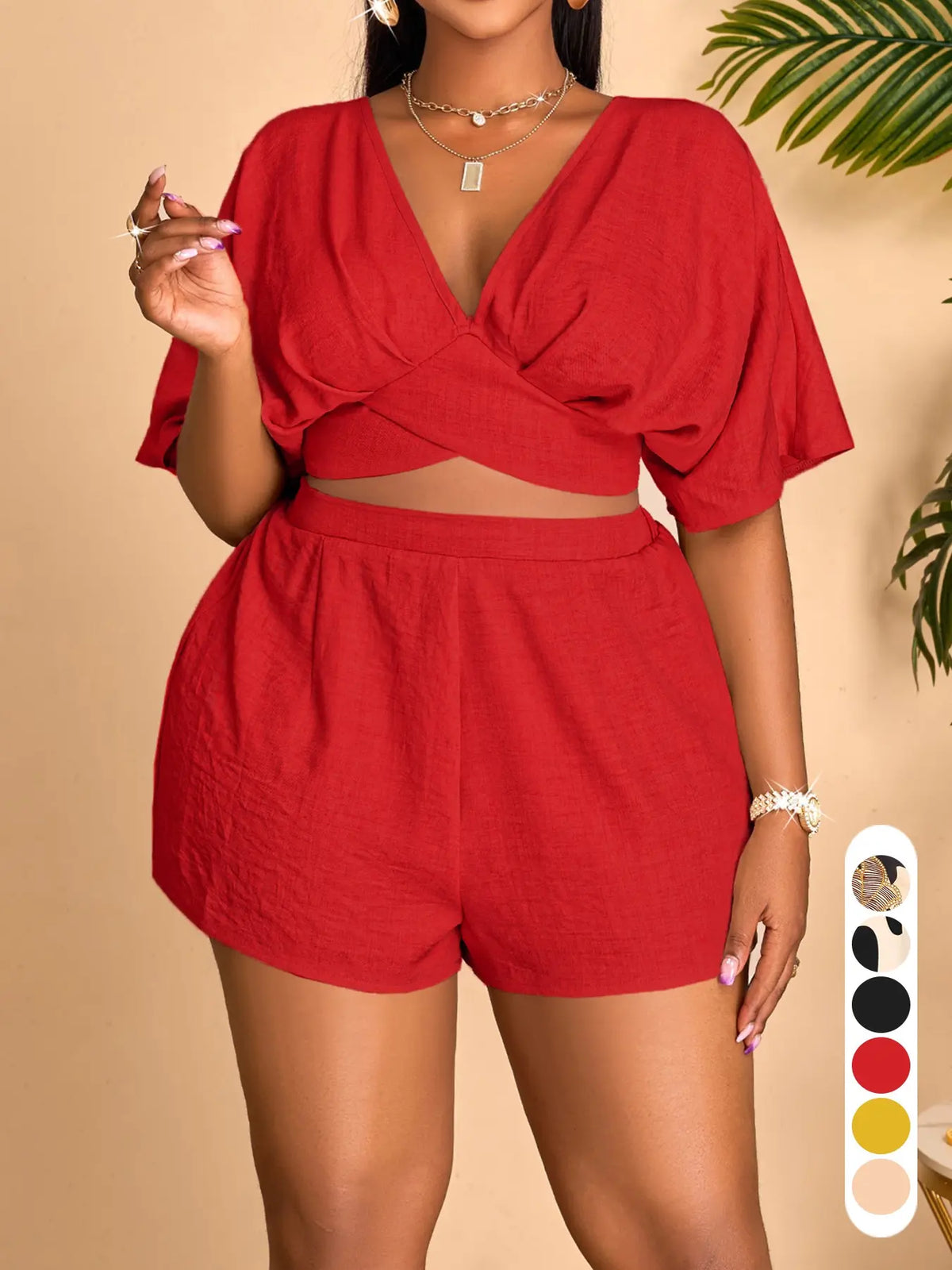 Plus Size Elegant Casual Chic Women's Two-Piece Set, Deep V-Neck Short Sleeve Top and High-Waisted Shorts for Spring & Summer, Womenswear, Clothes, Summer Matching Sets