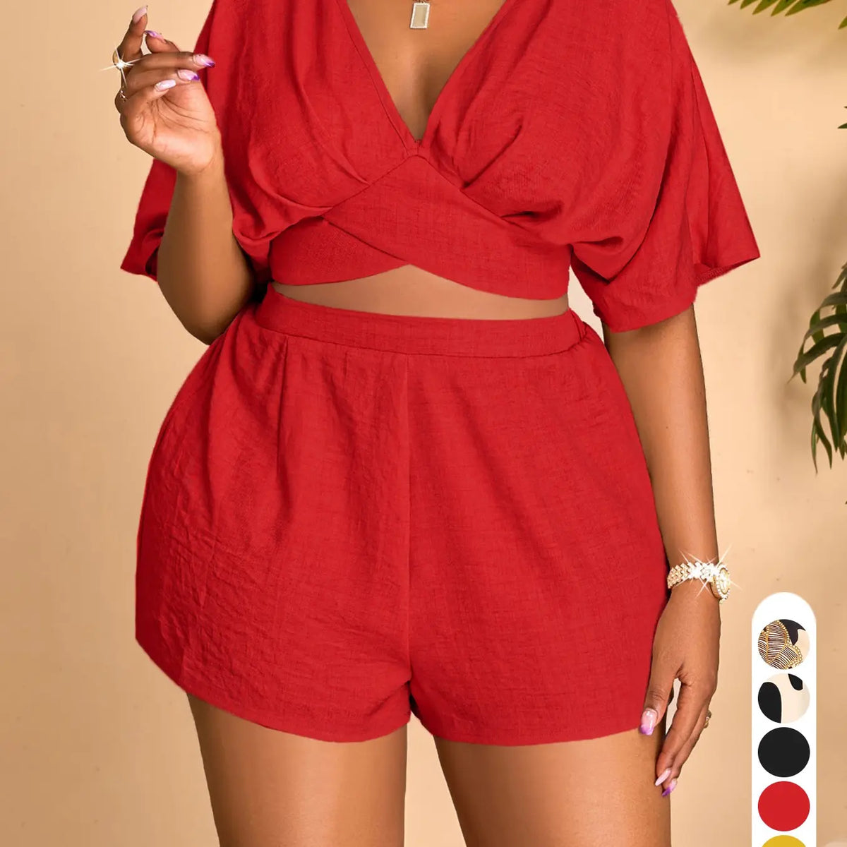 Plus Size Elegant Casual Chic Women's Two-Piece Set, Deep V-Neck Short Sleeve Top and High-Waisted Shorts for Spring & Summer, Womenswear, Clothes, Summer Matching Sets