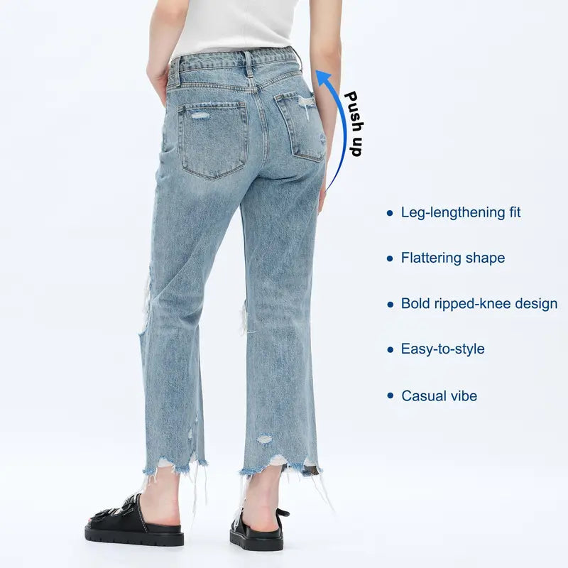 ONESO Women's Super High Rise Destroyed Straight Rigid Leg Jeans Non-Stretch Distressed Denim Pants Size Comfortable Fashion FitStyle Bottoms Womenswear Fitted Streetwear Fabric  Basic Minimalist Gift #SummerVibes