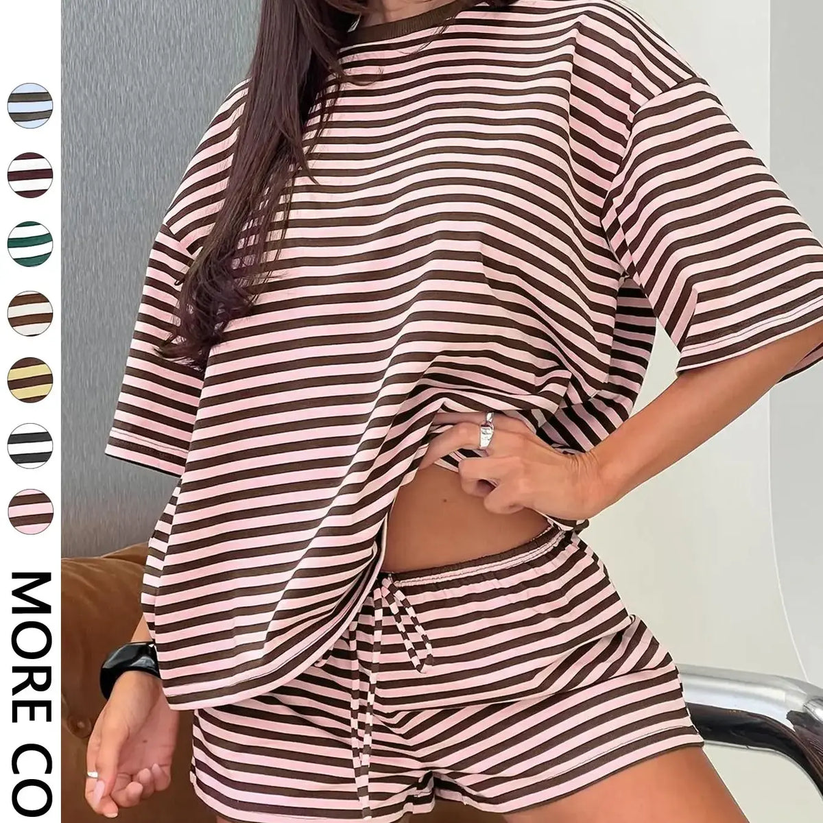 Women's Striped 2 Piece Outfit Women | Oversized T-Shirt + Drawstring Shorts | Soft Casual Lounge Set | Y2K Clean Girl Style for Daily Home Vacation Wear Shorts Matching Set