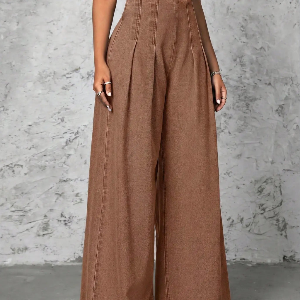 Women High Waist Pleated Front Wide Leg Jeans, Non Stretch Casual Loose Fit Palazzo Denim Trousers, Streetwear Fashion