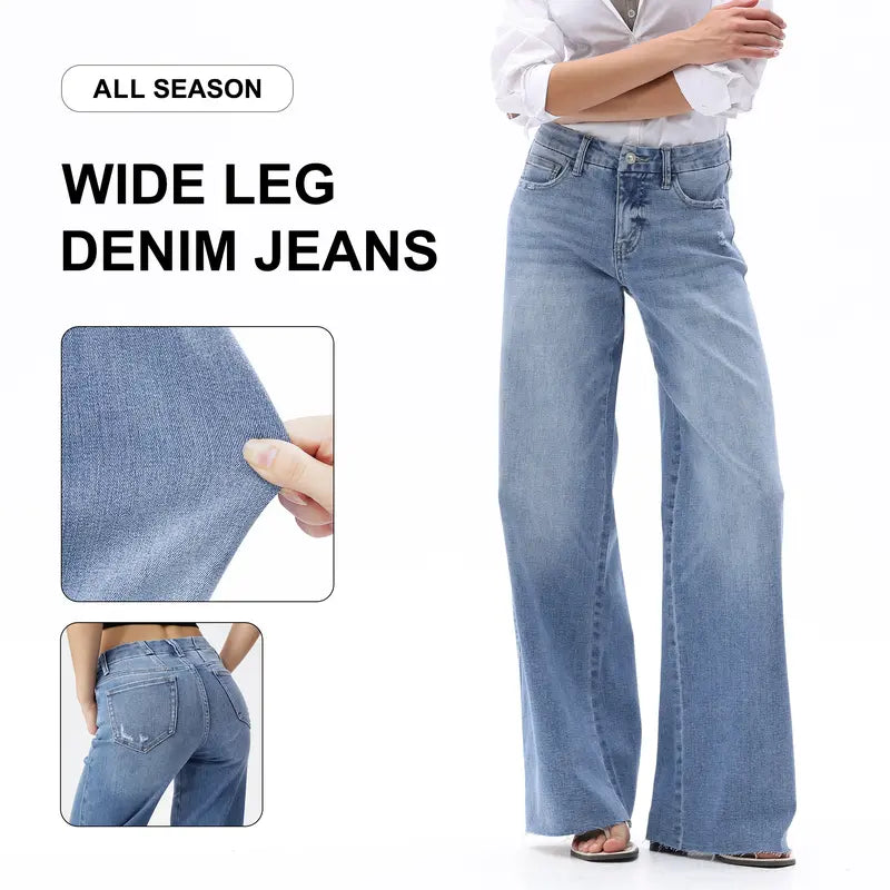 Freya ONESO Women Mid Rise High Stretchy BBL Jeans Butt Lifting Wide Leg Raw Hem Denim Pants Tummy Control Spring Basic Minimalist Woman Denim Bottom Comfortable Denim Jeans OSW8019 Plus Size Regular Size Fashion Daily Outfits DIY Inseams #SummerVibes