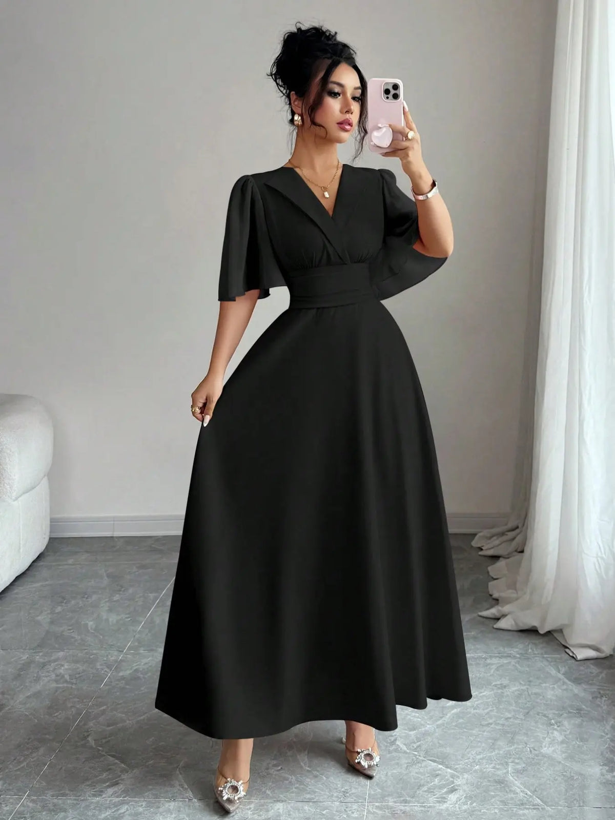 New Women's Lapel Neckline Dress, Waist Ruched Back Tie Chiffon Patchwork, Peplum Sleeves Design, Casual Elegant Summer Dress, Casual Summer Dresses