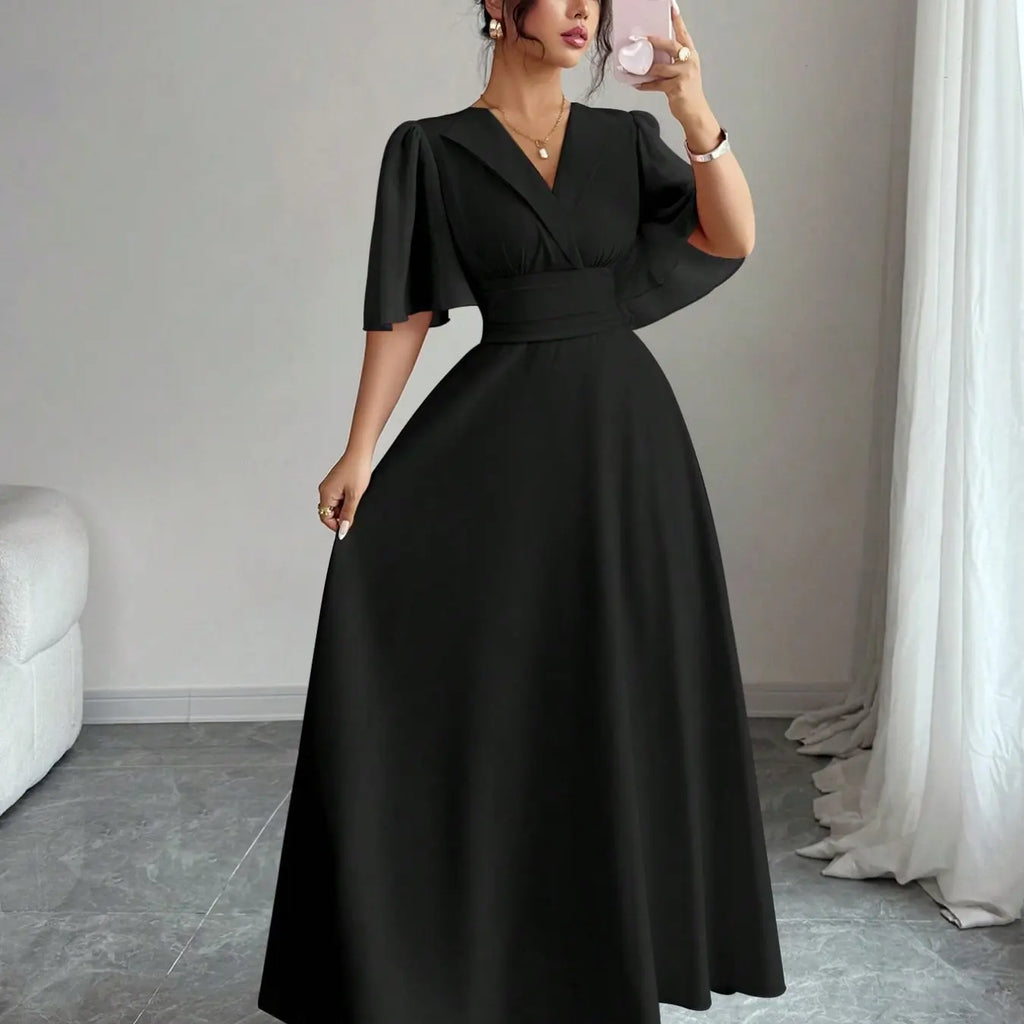 New Women's Lapel Neckline Dress, Waist Ruched Back Tie Chiffon Patchwork, Peplum Sleeves Design, Casual Elegant Summer Dress, Casual Summer Dresses